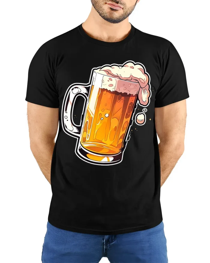 Frothy Beer Mug Graphic T-Shirt Cool Drinking Tee - model wearing black shirt, hands behind back