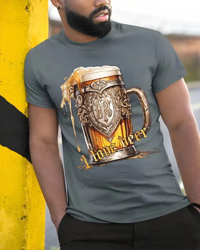 Vintage Beer Mug Graphic T-Shirt I Love Beer - model in grey shirt leaning against column