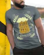 Oktoberfest Beer Festival T-Shirt Bavarian Party Tee - model in grey shirt leaning against column