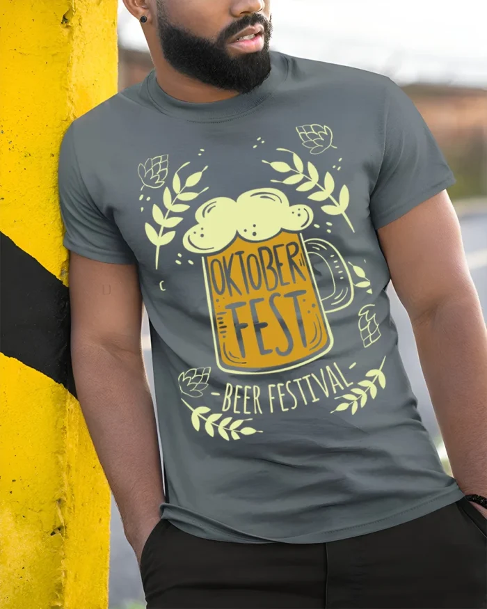 Oktoberfest Beer Festival T-Shirt Bavarian Party Tee - model in grey shirt leaning against column
