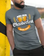 Oktoberfest Beer Fest T-Shirt Bavarian Drinking Tee - model in grey shirt leaning against column