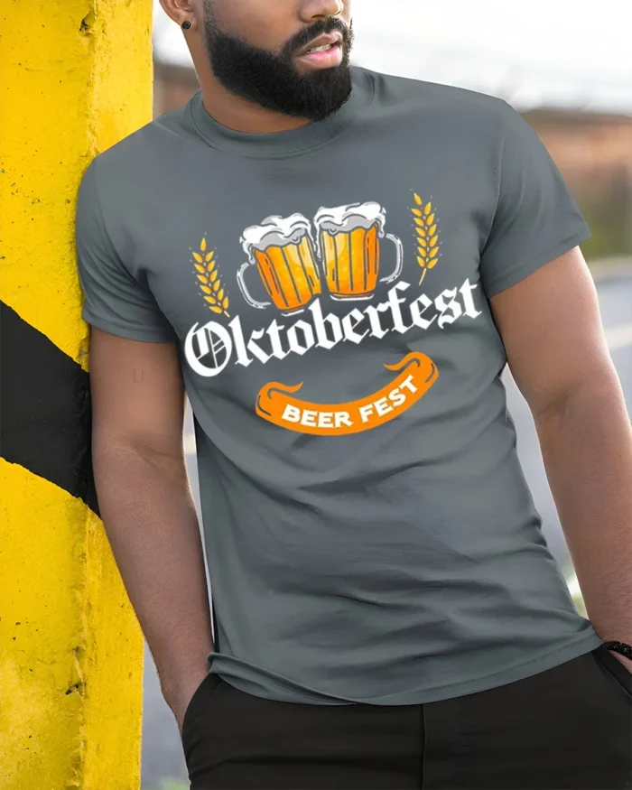 Oktoberfest Beer Fest T-Shirt Bavarian Drinking Tee - model in grey shirt leaning against column