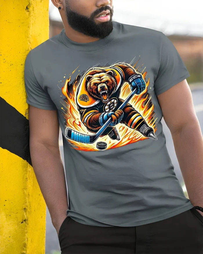 Fierce Hockey Bear Graphic T-Shirt Cool Sports Tee - model in grey shirt leaning against column