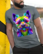 Colorful Yorkie Dog Graphic T-Shirt Pop Art Style Tee - model in grey shirt leaning against column