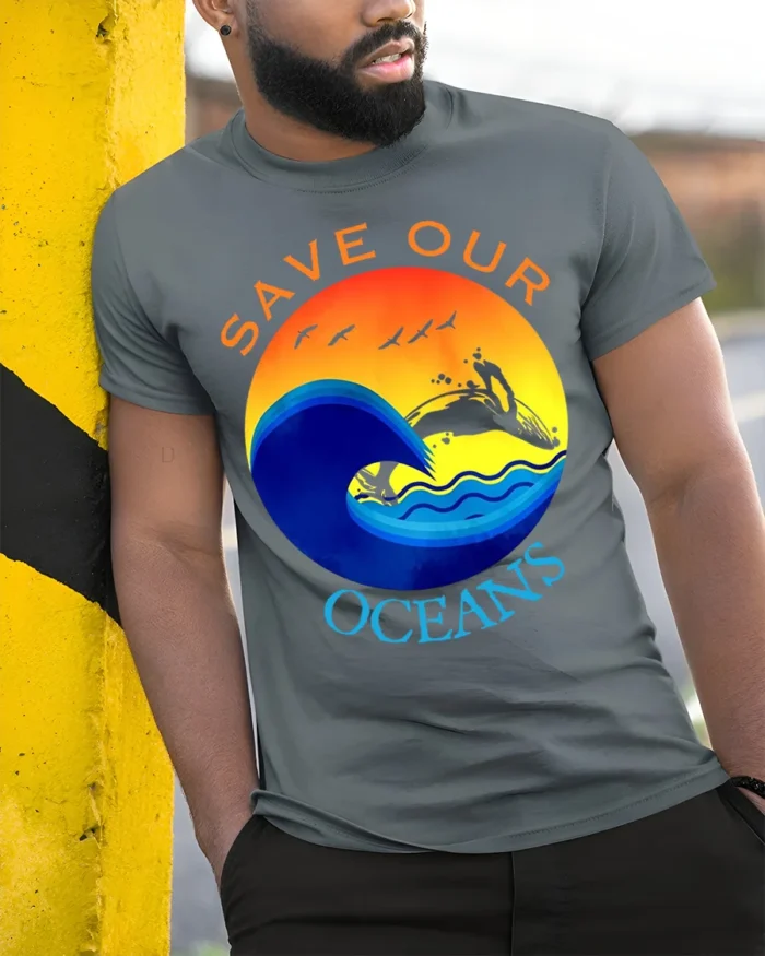 Save Our Oceans T-Shirt Eco Friendly Marine Life Tee - model in grey shirt leaning against column
