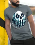 Money Skull Graphic T-Shirt Dollar Sign Eyes Tee - model in grey shirt leaning against column