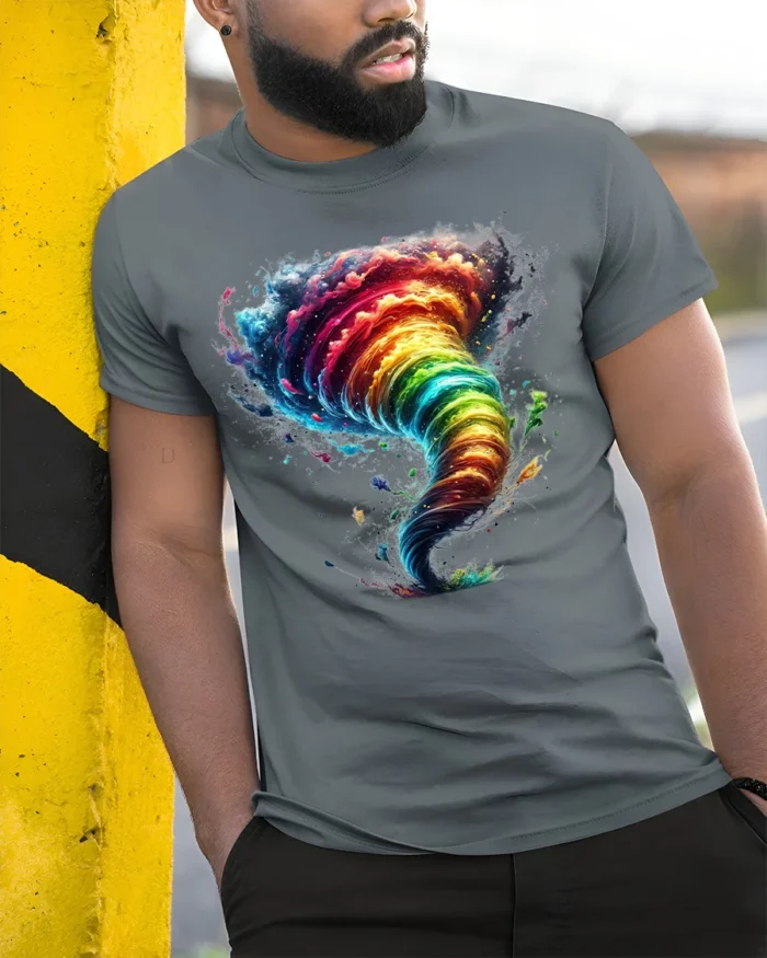 Rainbow Tornado Graphic T-Shirt Colorful Storm Tee - model in grey shirt leaning against column