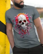 Fiery Skull Graphic T-Shirt Dark Gothic Art Tee - model in grey shirt leaning against column