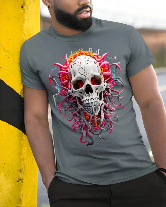 Fiery Skull Graphic T-Shirt Dark Gothic Art Tee - model in grey shirt leaning against column
