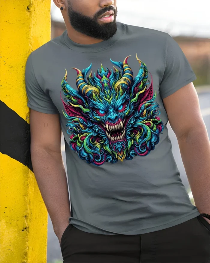 Fierce Demon Dragon Graphic T-Shirt Colorful Gothic Tee - model in grey shirt leaning against column