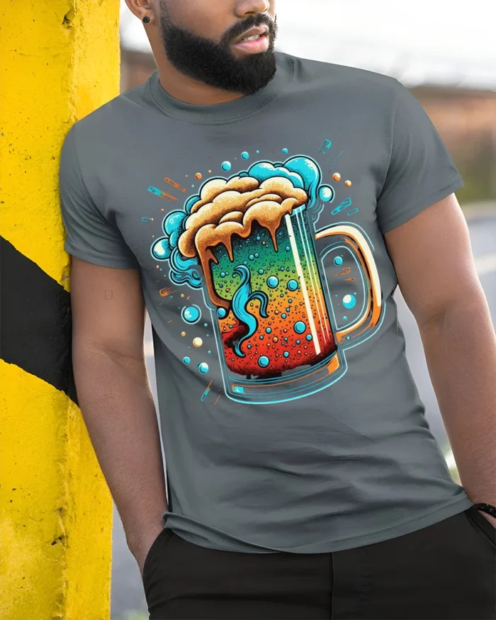 Colorful Beer Mug Graphic T-Shirt Party Vibes Tee - model in grey shirt leaning against column