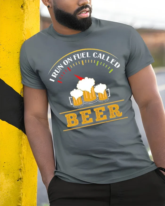 Funny Beer Fuel Gauge T-Shirt I Run On Beer Tee - model in grey shirt leaning against column