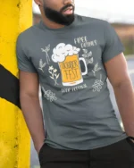 Oktoberfest Beer Festival T-Shirt Funny Drinking Tee - model in grey shirt leaning against column