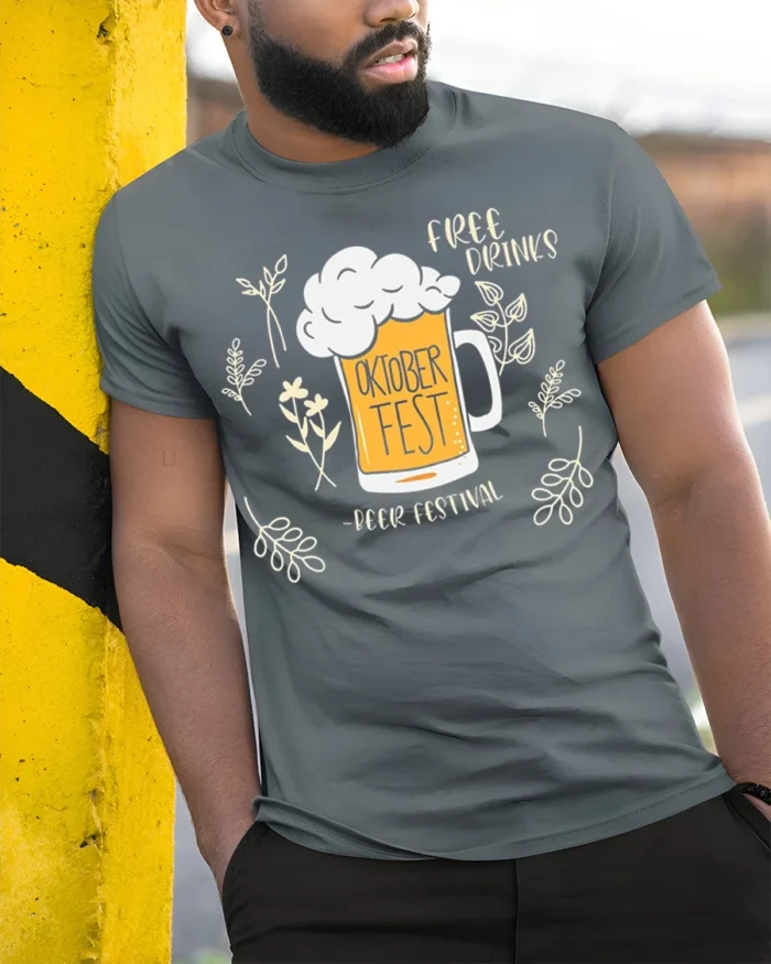Oktoberfest Beer Festival T-Shirt Funny Drinking Tee - model in grey shirt leaning against column