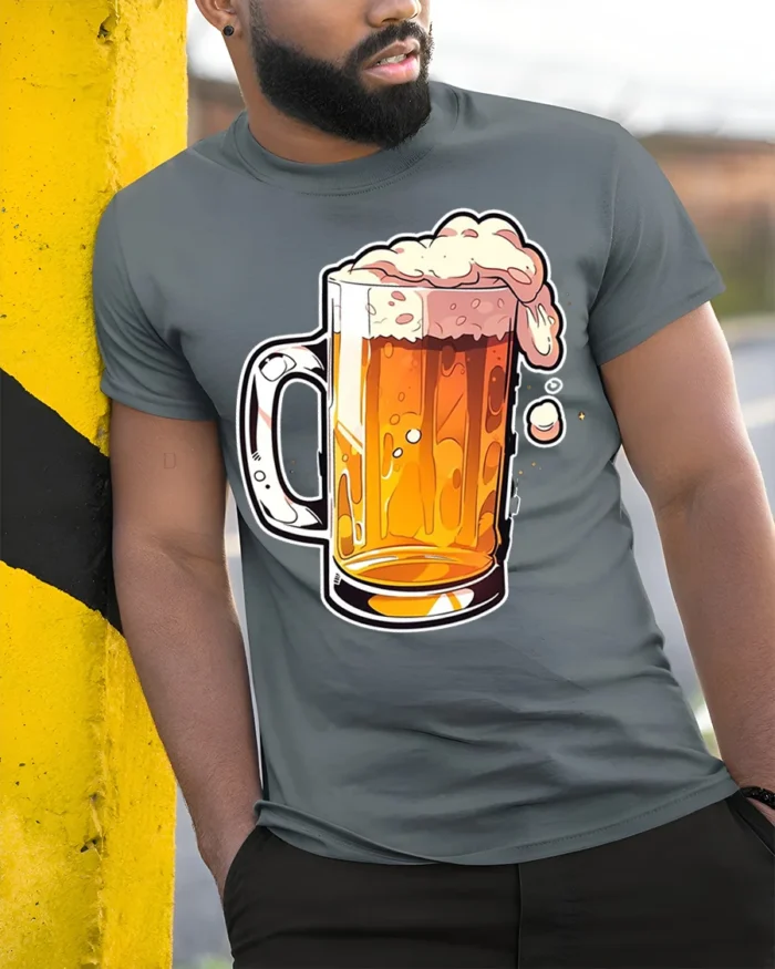 Frothy Beer Mug Graphic T-Shirt Cool Drinking Tee - model in grey shirt leaning against column