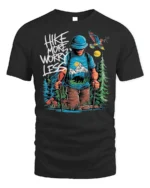 Hike More Worry Less Mountain Adventure T-shirt - black t-shirt on white background