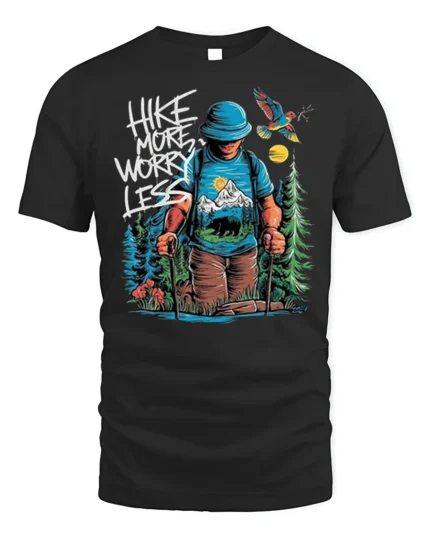 Hike More Worry Less Mountain Adventure T-shirt - black t-shirt on white background