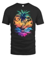 Tropical Sunset Palm Tree Beach Vibes T-shirt - black t-shirt on white background
