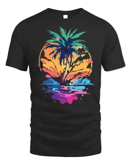 Tropical Sunset Palm Tree Beach Vibes T-shirt - black t-shirt on white background