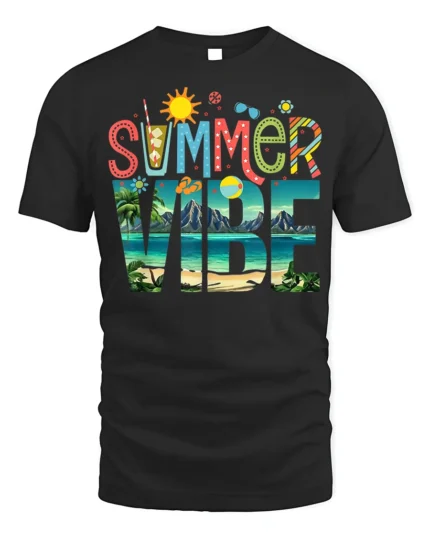 Colorful Summer Vibe Beach Vacation T-shirt - black t-shirt on white background