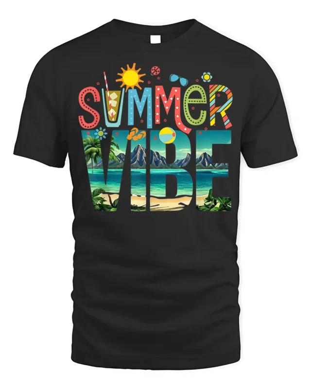 Colorful Summer Vibe Beach Vacation T-shirt - black t-shirt on white background