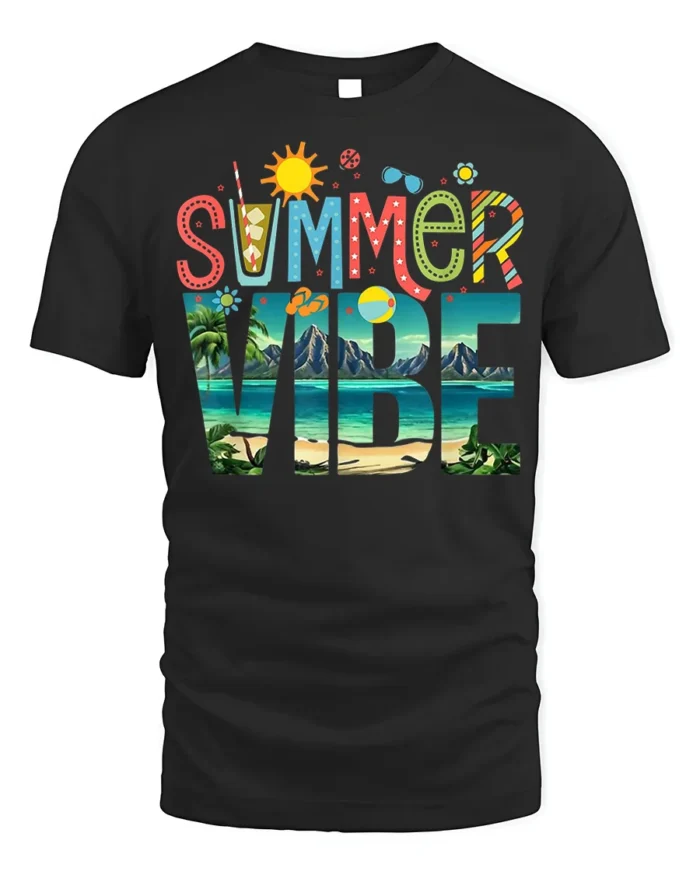 Colorful Summer Vibe Beach Vacation T-shirt - black t-shirt on white background