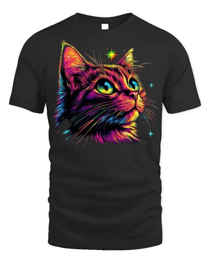 Neon Cosmic Cat Colorful Starry Night T-shirt - black t-shirt on white background