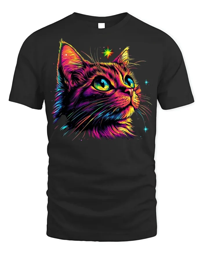 Neon Cosmic Cat Colorful Starry Night T-shirt - black t-shirt on white background