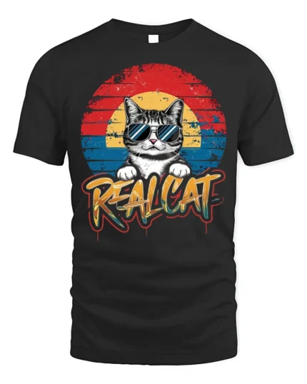 Retro Cool Cat Sunglasses Real Cat Graphic T-shirt - black t-shirt on white background