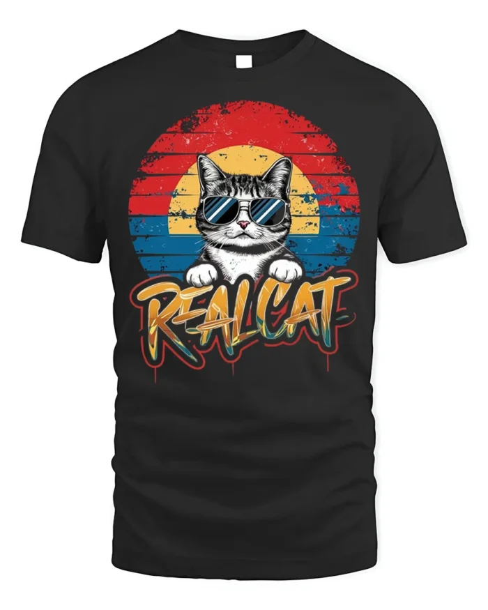 Retro Cool Cat Sunglasses Real Cat Graphic T-shirt - black t-shirt on white background