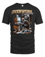 Overwork Culture Skeleton Computer Graphic T-shirt - black t-shirt on white background
