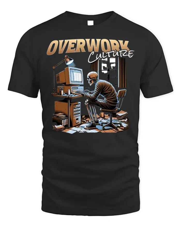 Overwork Culture Skeleton Computer Graphic T-shirt - black t-shirt on white background
