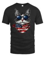Patriotic American Flag Cool Cat Sunglasses T-shirt - black t-shirt on white background