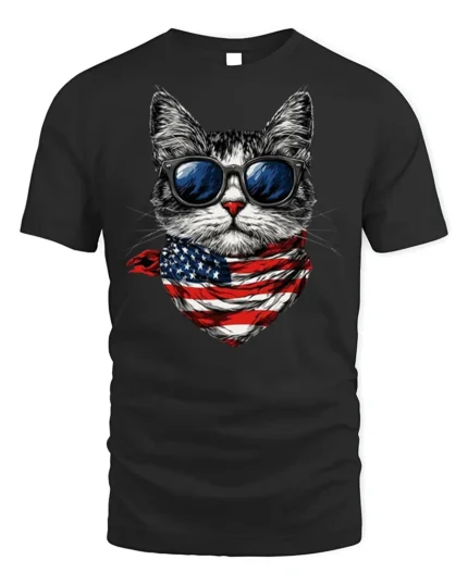 Patriotic American Flag Cool Cat Sunglasses T-shirt - black t-shirt on white background