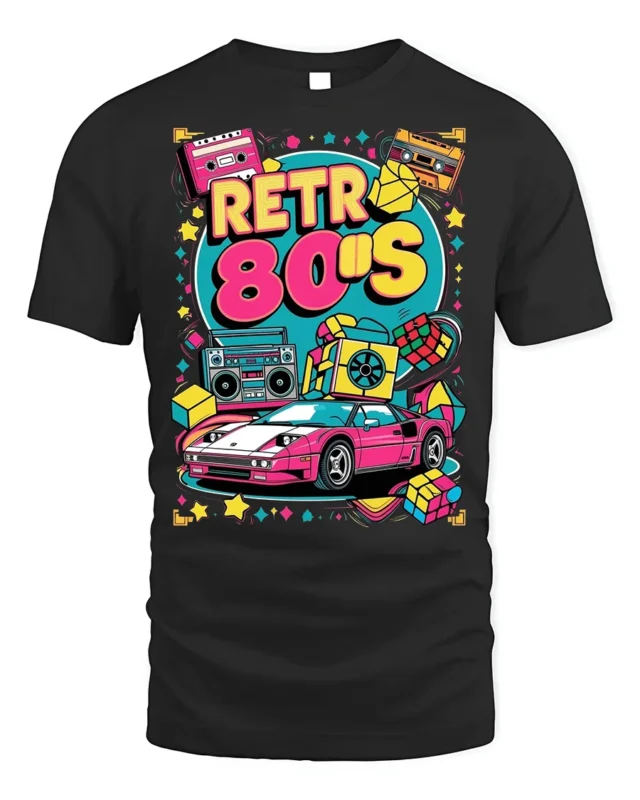 Retro 80s Neon Car Cassette Boombox Graphic T-shirt - black t-shirt on white background