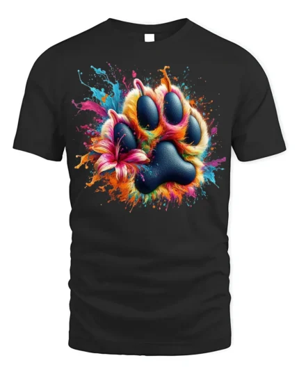 Colorful Paw Print Splash Art Pet Lover T-shirt - black t-shirt on white background