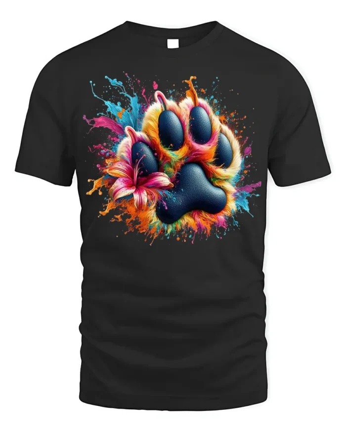 Colorful Paw Print Splash Art Pet Lover T-shirt - black t-shirt on white background