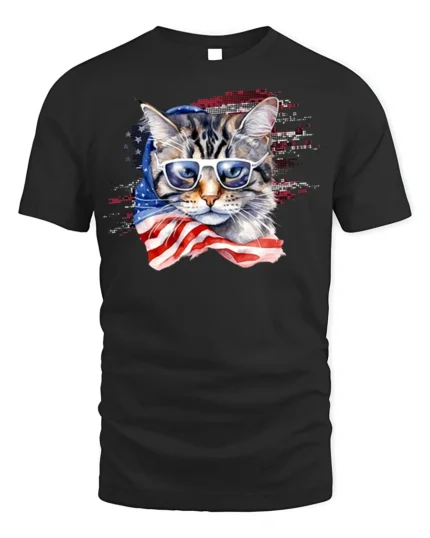 Patriotic American Flag Cat Sunglasses T-shirt - black t-shirt on white background