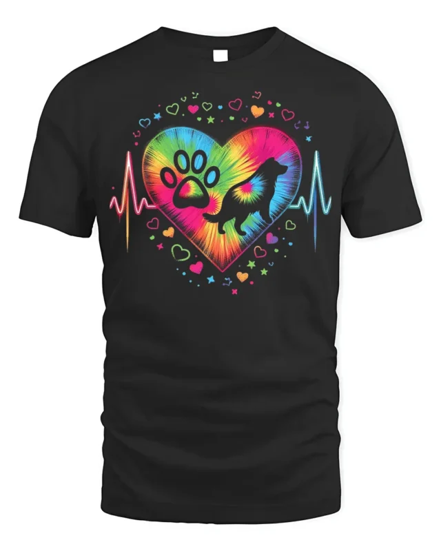Colorful Dog Paw Heartbeat Pet Lover T-shirt - black t-shirt on white background