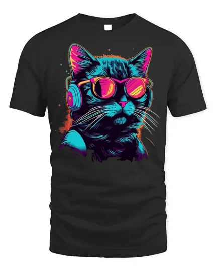 Cool Cat Headphones Neon Sunglasses Graphic T-shirt - black t-shirt on white background
