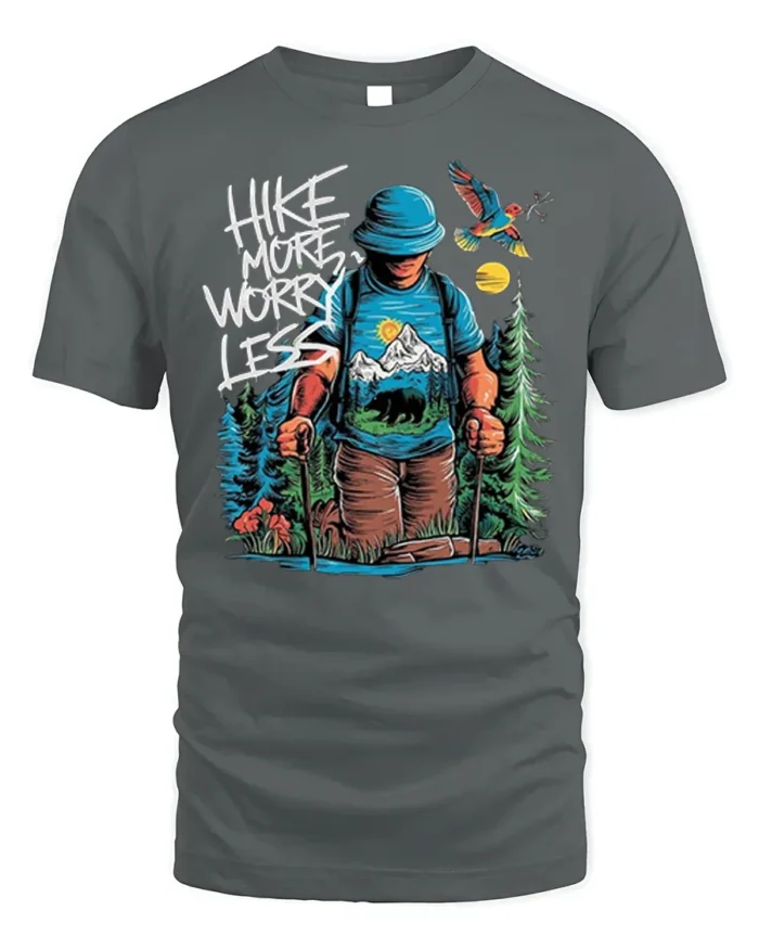 Hike More Worry Less Mountain Adventure T-shirt - gray t-shirt on white background