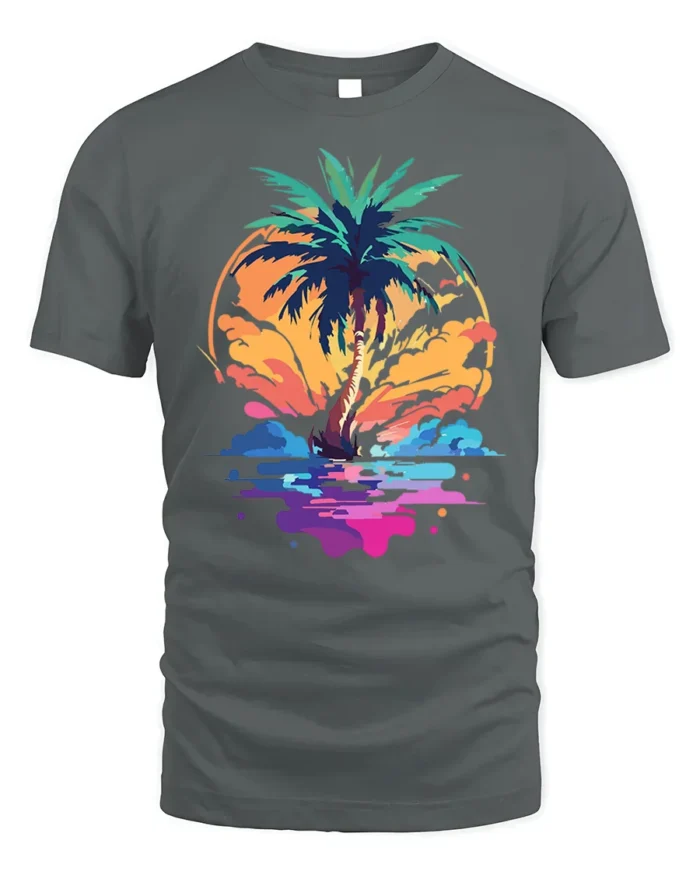 Tropical Sunset Palm Tree Beach Vibes T-shirt - gray t-shirt on white background