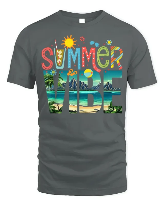 Colorful Summer Vibe Beach Vacation T-shirt - gray t-shirt on white background