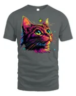 Neon Cosmic Cat Colorful Starry Night T-shirt - gray t-shirt on white background