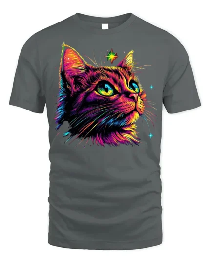 Neon Cosmic Cat Colorful Starry Night T-shirt - gray t-shirt on white background