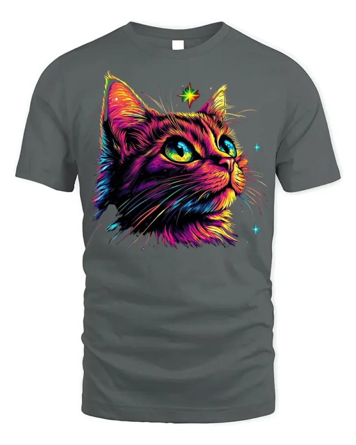 Neon Cosmic Cat Colorful Starry Night T-shirt - gray t-shirt on white background