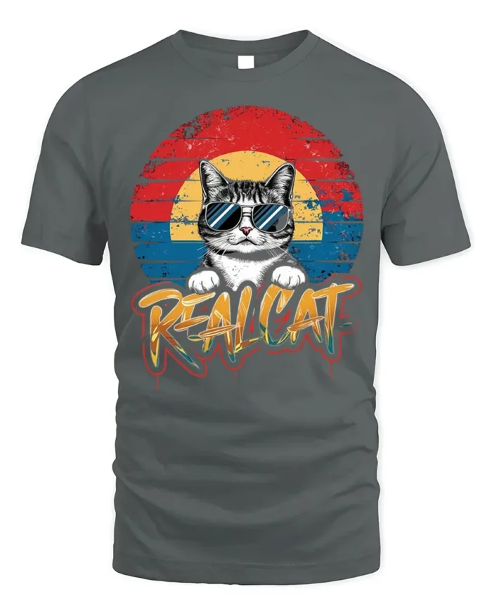 Retro Cool Cat Sunglasses Real Cat Graphic T-shirt - gray t-shirt on white background