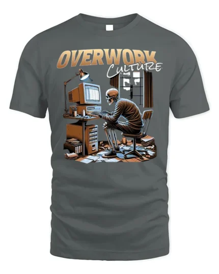 Overwork Culture Skeleton Computer Graphic T-shirt - gray t-shirt on white background
