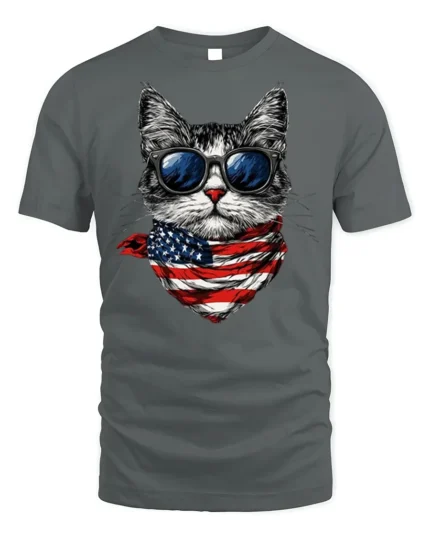 Patriotic American Flag Cool Cat Sunglasses T-shirt - gray t-shirt on white background