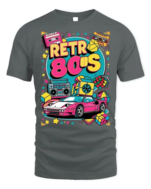 Retro 80s Neon Car Cassette Boombox Graphic T-shirt - gray t-shirt on white background